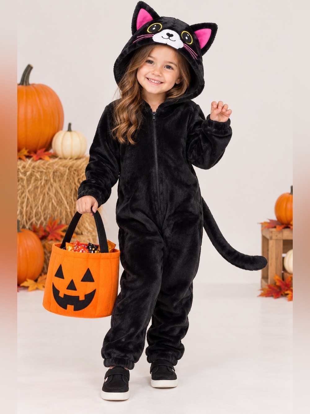 Kids Black Kitty Cat Fuzzy Onesie Costume Size 4T Hooded Tail NWOT